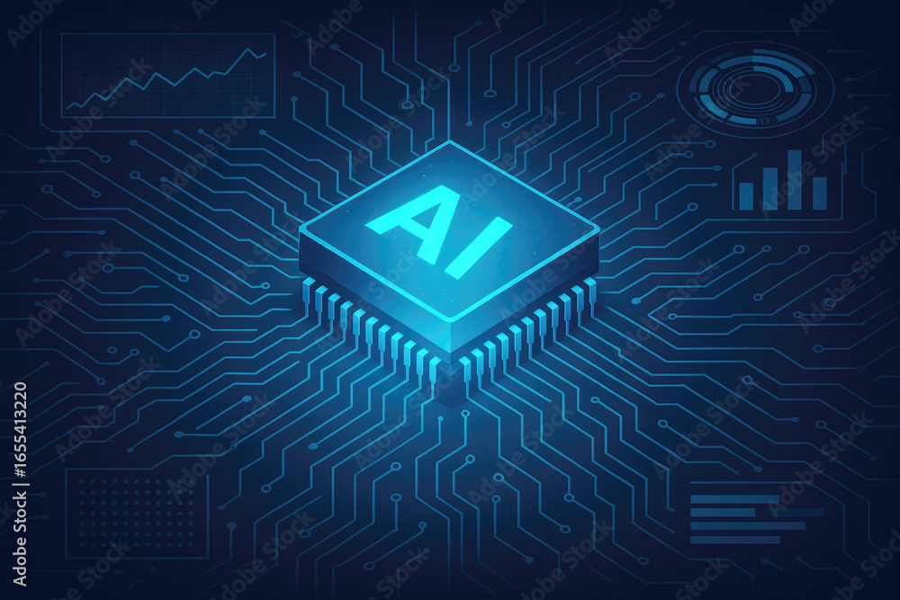 Aufkleber ai chip with glowing blue circuits and data visualizations on dark background artificial intelligenc
