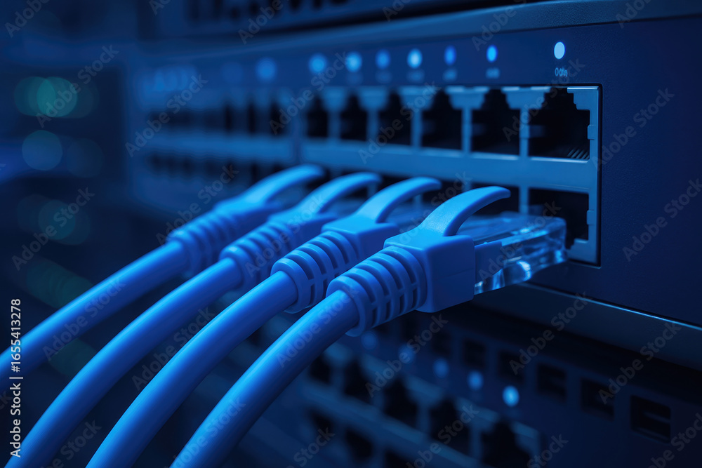 Poster blue ethernet cables connected to a network switch with glowing green indicator lights internet tech