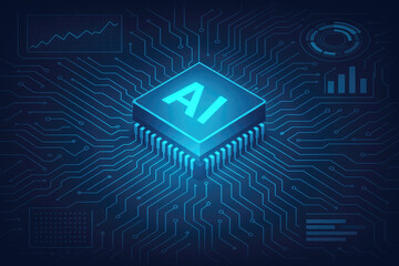 AI chip with glowing blue circuits and data visualizations on dark background artificial intelligence