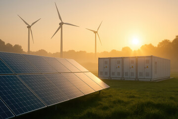 Array of solar panels and multiple wind turbines with energy storage units at dawn renewable energy