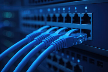 Blue Ethernet cables connected to a network switch with glowing green indicator lights internet technology