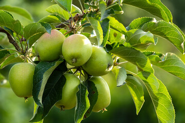 Apple harvest on tree branches in soft morning light.