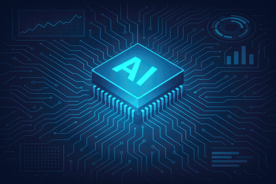 AI chip with glowing blue circuits and data visualizations on dark background artificial intelligence