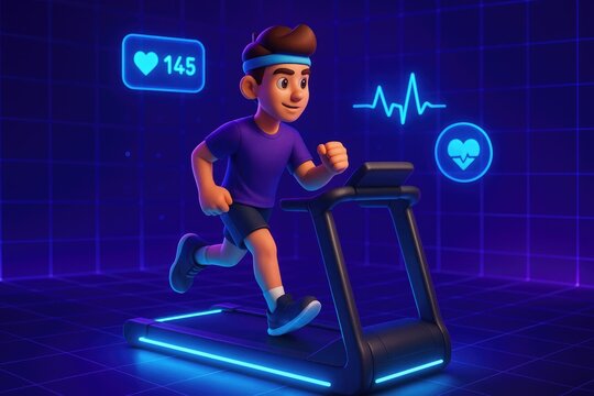 Animated boy jogging on a modern treadmill with digital health metrics and heart icon fitness exercise - Powered by Adobe