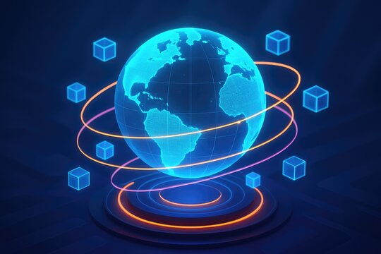 Blue digital Earth hologram with orbiting cubes and neon rings on dark background globe planet