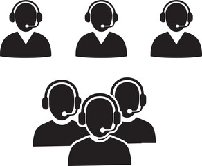 Customer service agents with headsets, black and white vector illustration