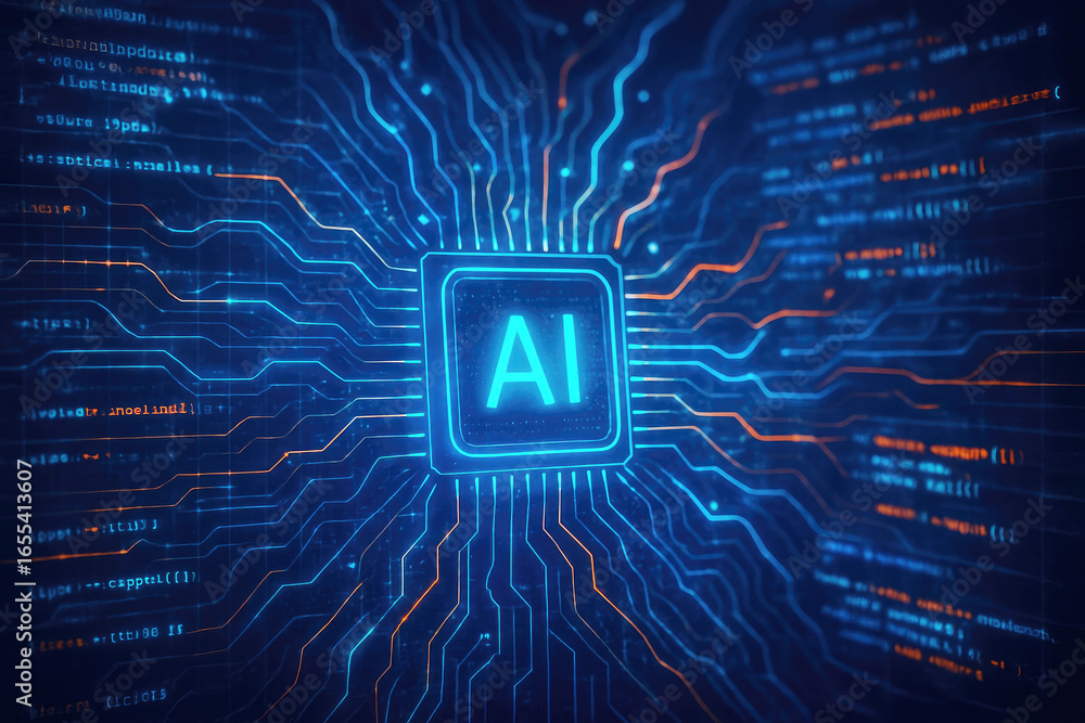 Aufkleber close-up of ai chip on a circuit board with glowing blue and orange lines and code artificial intell