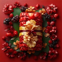 Ornate gift box adorned with flowers and berries.