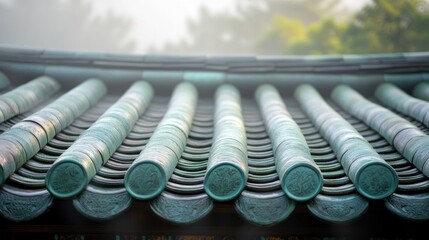 Korean Hanok - Celadon Pottery Roof: Traditional Korean Hanok with gracefully curved roof tiles made of luminous celadon pottery