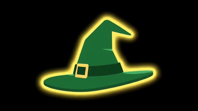 A vibrant green witch hat with a gold buckle and glowing outline against a black background.