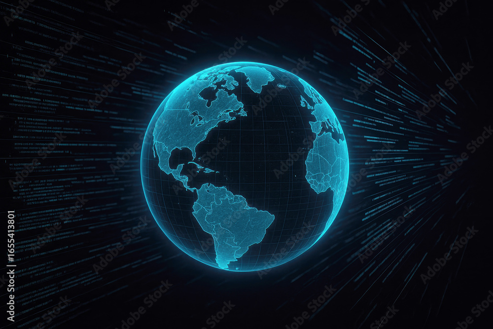 Aufkleber digital earth globe with grid overlay and abstract data streams on dark background planet world