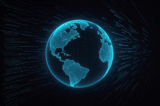 Digital Earth globe with grid overlay and abstract data streams on dark background planet world