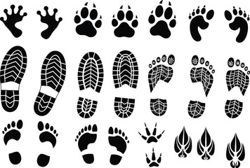 Collection of diverse animal paw prints and human shoe footprints isolated on a white background for design elements