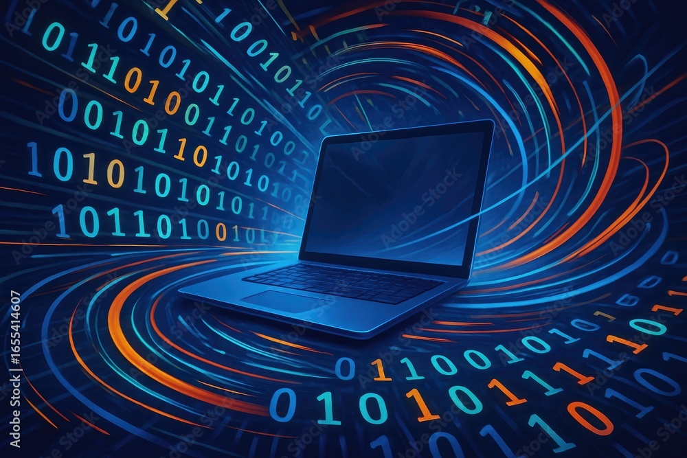 Aufkleber laptop computer in a swirling vortex of binary code with vibrant blue and orange hues abstract backg