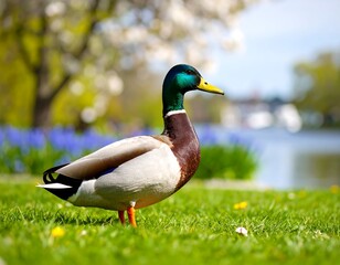Mallard duck in a spring garden