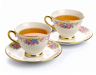  close-up of two vintage porcelain teacups filled with tea on matching saucers