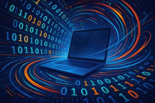 Laptop computer in a swirling vortex of binary code with vibrant blue and orange hues abstract background - Powered by Adobe