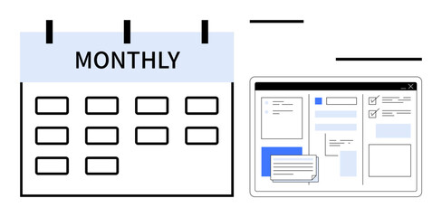 Calendar labeled Monthly with days and a digital interface displaying tasks, notes, and checkboxes. Ideal for productivity, organization, planning, scheduling, task tracking, time management