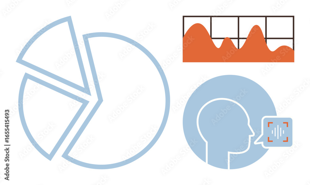 Poster pie chart, line graph with peaks, and profile with voice recognition icon. ideal for data analysis, 