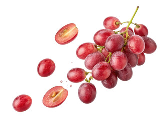 Fresh Red Grapes Cluster with Whole and Sliced Grapes Isolated on Transparent Background