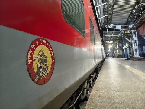 Mumbai, India - 10 August 2025, Picture of logo of Indian Railway on train coach. Main focus is on the logo. IRCTC, Western, Central, rail, ministry, minister, employees, passengers, ticket, food.