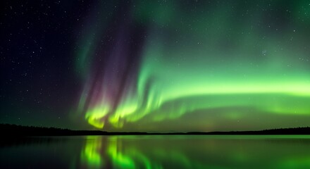 Enchanting aurora borealis illuminating the night sky with vibrant green and purple hues, reflecting on the calm lake, a mesmerizing winter wonderland