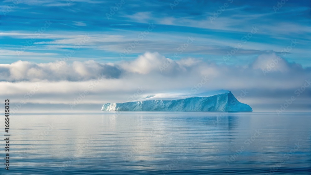 Poster lonely iceberg in distance floats serenely on calm waters under vast blue sky with soft clouds creat