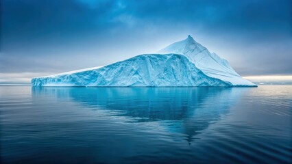 Lonely iceberg in distance reflects beautifully on calm waters under serene sky creating tranquil atmosphere
