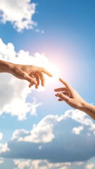 Two hands reaching for each other against a partly cloudy sky