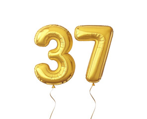 Large Golden Number Balloons 3 And 7 Floating Against Transparent Background For Celebration