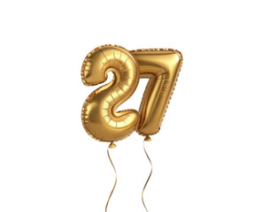 Shiny Gold Balloon Numbers Two and Seven on Transparent Background for Birthday Celebration