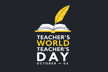 Teacher's Day celebration with open book and yellow quill pen on dark background teachers event