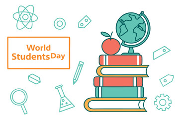 World Students Day celebration with stack of books globe apple pencil magnifying glass atom and science flask