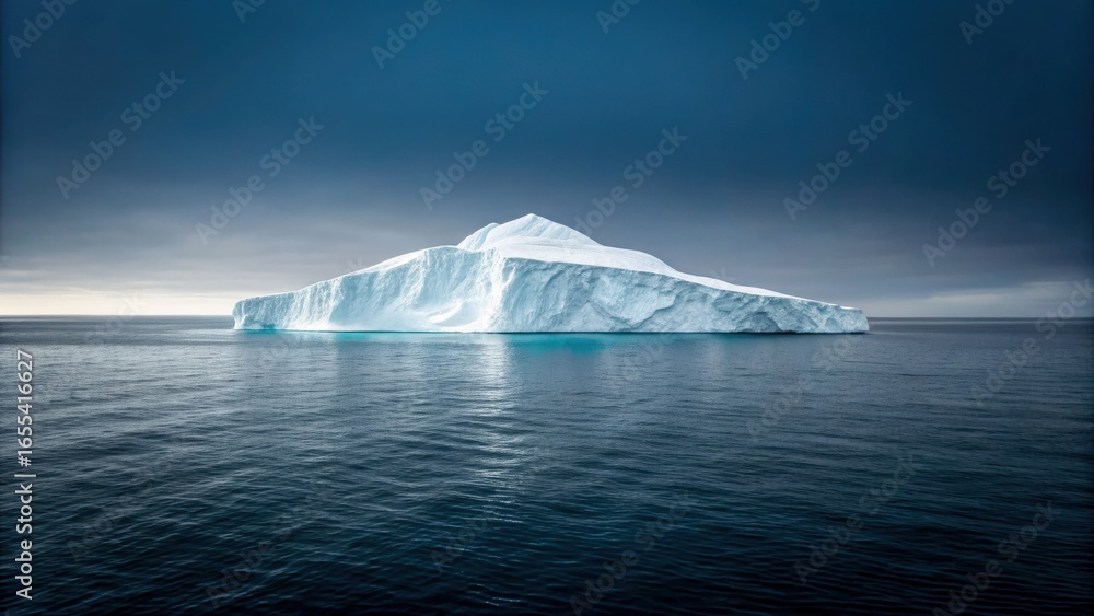 Poster lonely iceberg in distance floats serenely on calm waters under moody sky, creating tranquil and cap