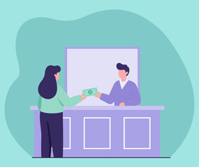 A customer makes a cash payment to a cashier at a counter. Flat vector illustration of a financial transaction, purchase, or deposit