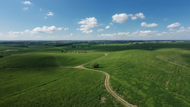 Aerial view of a green landscape with a dirt road winding through rolling hills under a blue sky - Powered by Adobe