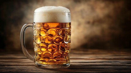 Full beer stein on rustic wood table