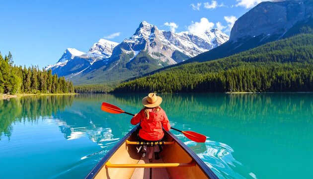 Kayaking on a turquoise lake with snow-capped mountains