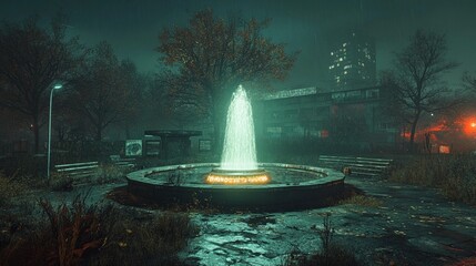 Glowing fountain in a deserted park at night