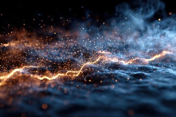 Golden light streak through smoky particles on the water surface. Ideal for energy, science, or technology related presentations.