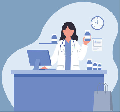 A female doctor or pharmacist at a clinic counter, holding medicine. This flat vector illustration represents healthcare and prescriptions