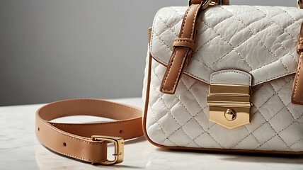 Elegant white quilted leather handbag with tan accents and a gold clasp, a luxury fashion accessory shown in a detailed closeup on a marble surface.