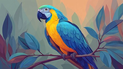 Fototapeta premium Colorful macaw perched on branch among lush leaves