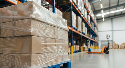 Stacked cardboard boxes shrink wrapped on blue pallet in spacious warehouse aisle with tall industrial racks, inventory logistics, and pallet jack in background