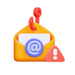 3D icon of an email envelope with a fishing hook and warning sign For phishing email alert, online scam, cybersecurity threat, data theft warning.
