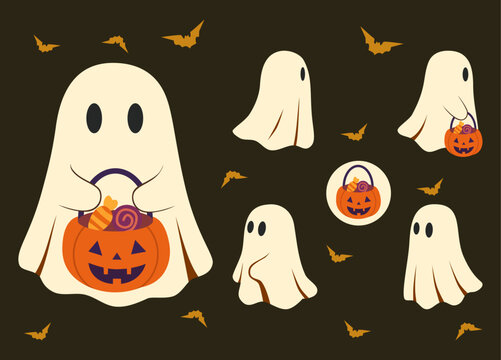 Cute Ghosts Halloween Cartoon Vector Stickers Collection. Cartoon halloween ghost, ghosted spooky spirit and mysterious phantoms. Spooky flying phantom ghosts vector symbols illustrations set.