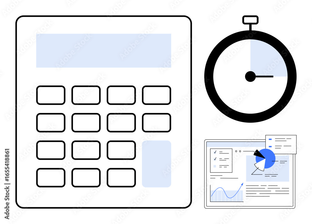 Poster calculator with rounded buttons, ticking timer, and digital dashboard displaying graphs and data ana