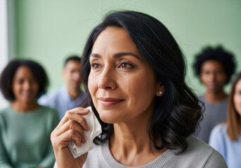 Emotional middle aged woman wiping tears with tissue during group therapy session, supported by caring diverse friends sitting in background, expressing vulnerability and comfort