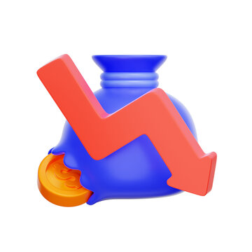 3D icon of a leaking money bag with a downward arrow For investment scam loss, financial loss, money drain, unexpected expenses.