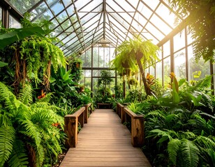 Fototapeta premium Sunlit greenhouse walkway filled with lush greenery